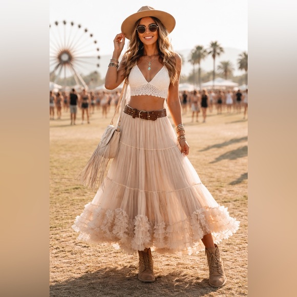 Elegant Tulle Maxi Skirt- Champagne - Picture 3 of 8